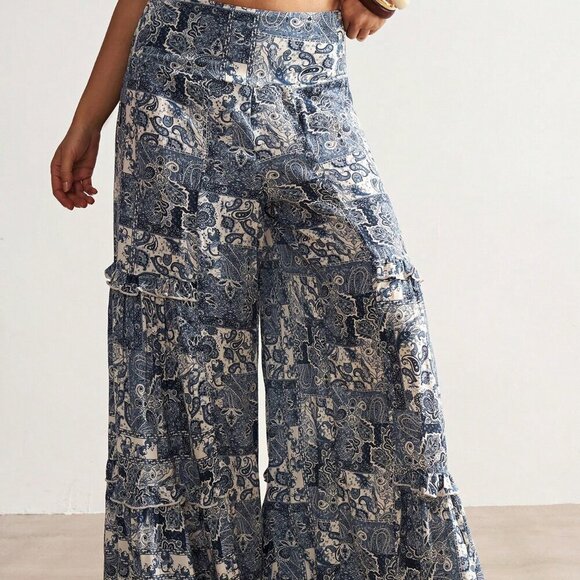 Blue Boho Women's Paisley Print Ruffled Wide Leg Pants - Picture 6 of 7